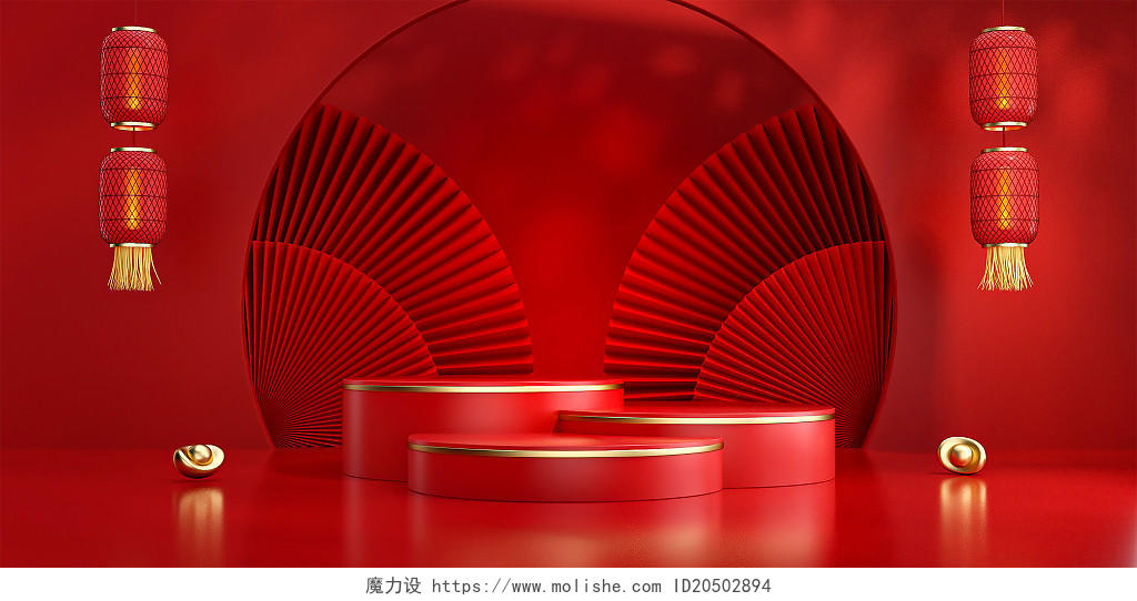红色c4d喜庆新年不打烊电商产品展台底座红色中国风-3D-新年春节虎年新春
